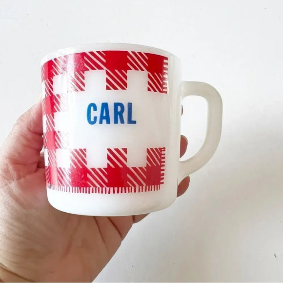 Westfield Milk Glass Vintage Mug Carl Red Gingham Plaid Picnic Blanket Print Tea - Picture 3 of 8